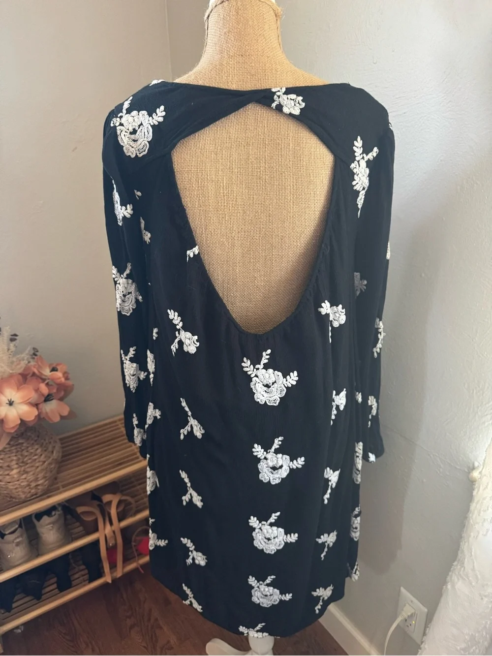 Free People Black Mini Dress with White Floral Embroidery